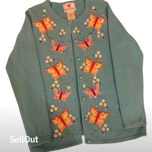 Quacker Factory Women's XS Blue Embroidered Butterfly Cardigan Sweater